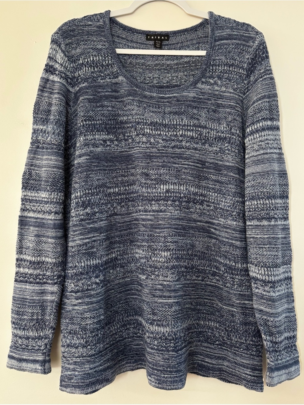 Tribal Navy & Heathered Blue Scoop Neck Sweater 100% Cotton Knit - size XL
